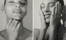 model wearing diamond initials jewellery – rings by Sophie Bille Brahe with initials on them
