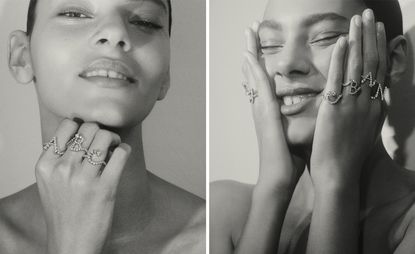 model wearing diamond initials jewellery – rings by Sophie Bille Brahe with initials on them