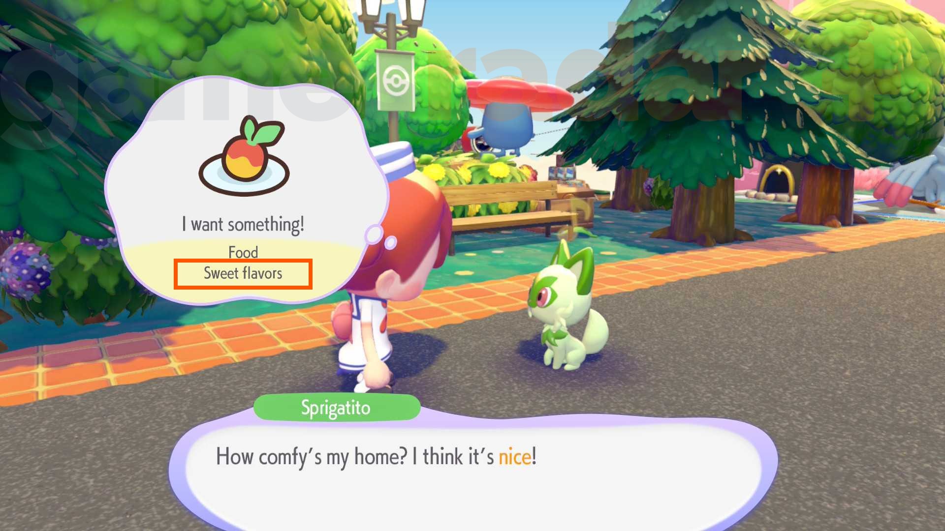 Sprigatito tells Ditto that they'd like some food with sweet flavors in Pokopia.