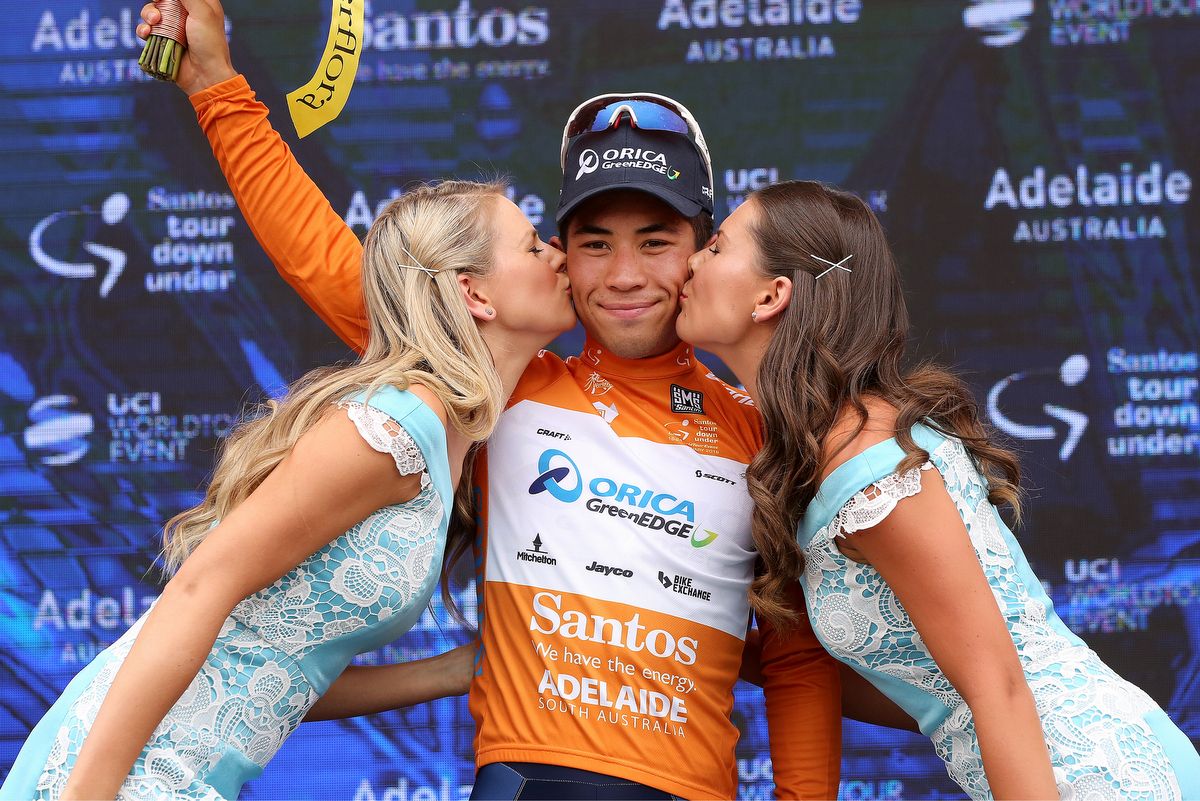 Caleb Ewan in his first WorldTour leader's jersey after stage 1 of the Tour Down Under