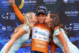 Caleb Ewan in his first WorldTour leader's jersey after stage 1 of the Tour Down Under