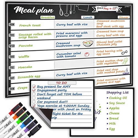 Magnetic Meal Planning Whiteboard - 14.5x11" Weekly Menu Board for Fridge - 7.5?x5.5" Notes - 7.5"x5.5" Whiteboard for Kitchen Refrigerator - 6 Colors Whiteboard Markers Included.