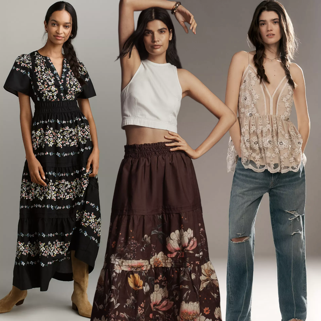 photo collage of anthropologie models wearing boho fall clothing