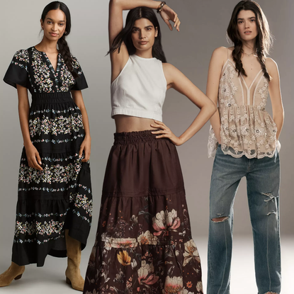 photo collage of anthropologie models wearing boho fall clothing