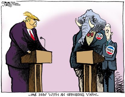 Political cartoon U.S. GOP debate opposing view Donald Trump Mike Pence
