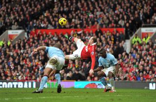 Wayne Rooney scores his famous overhead kick against Manchester City