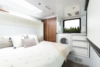 white bedroom in living vehicle