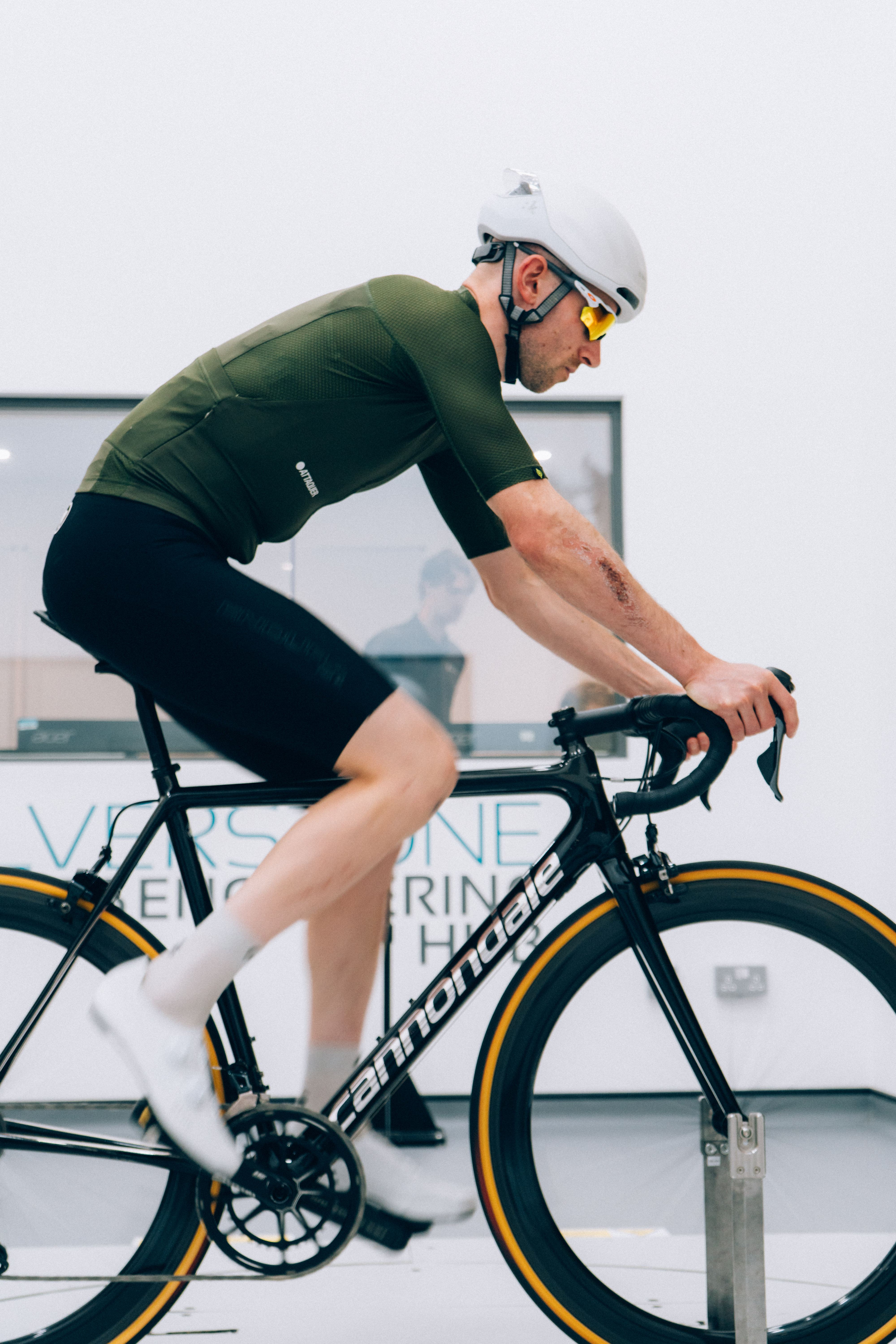 Tom on a bike in the wind tunnel