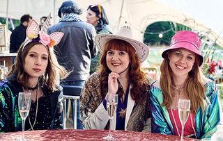 Ellie White as Beatrice, Celeste Dring as Eugenie and Katy Wix as Fergie in The Windsors