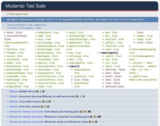 While it doesn't look sexy, the Modernizr test suite runs the robust feature tests of Modernizr through the browser gauntlet: detecting leaked globals, stress testing the extensibility APIs, and comparing the feature detection results against what caniuse.com reports, both logically and with visual ref tests