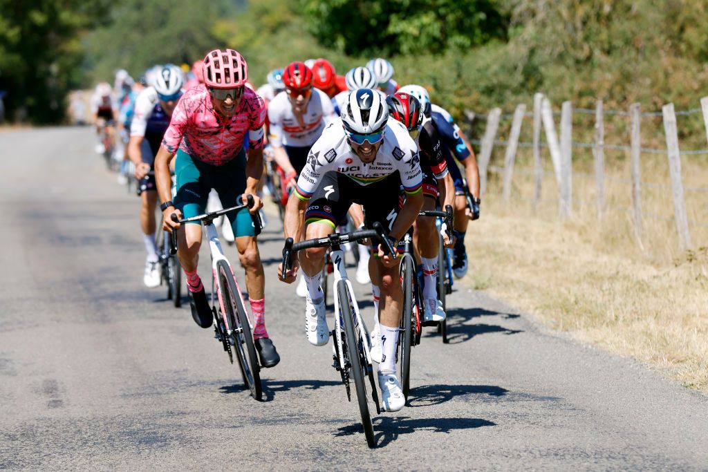 VALREVERMONT FRANCE AUGUST 09 Julian Alaphilippe of France and Team QuickStep Alpha Vinyl attacks in the chase group during the 34th Tour de lAin 2022 Stage 1 a 152km stage from ChtillonSurChalaronne to ValRevermont TDA22 on August 09 2022 in ValRevermont France Photo by Bas CzerwinskiGetty Images
