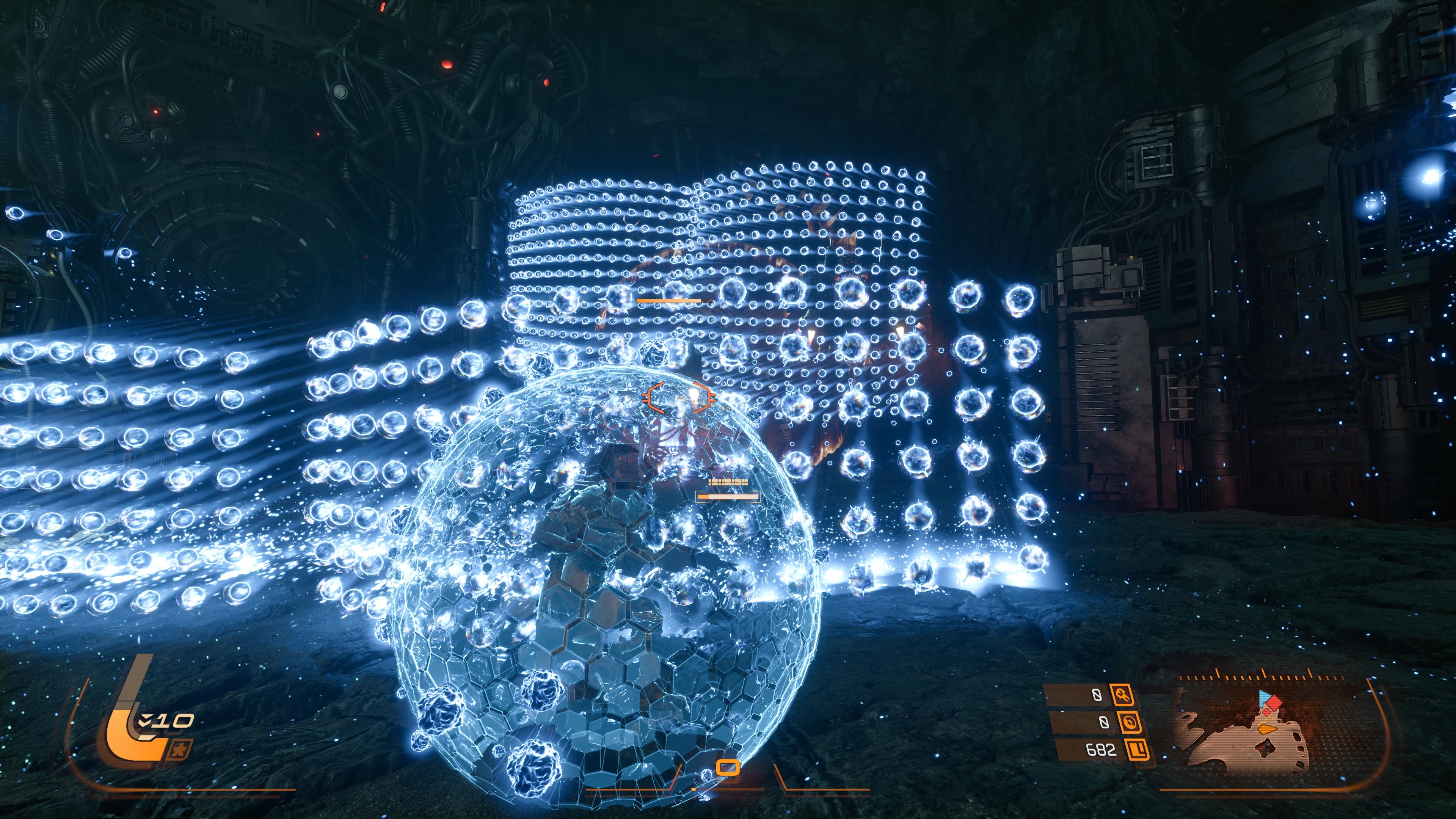 Screens from PS5 game Saros showing patterns of bright lights