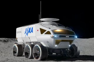 illustration of a large, six-wheeled white rover on the surface of the moon
