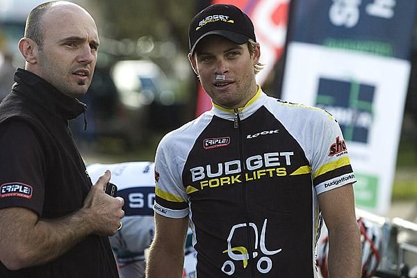 Budget Forklifts manager Jeremy Betts (left) chats with Malcolm Rudolph after the completion to stage three in Anakie.