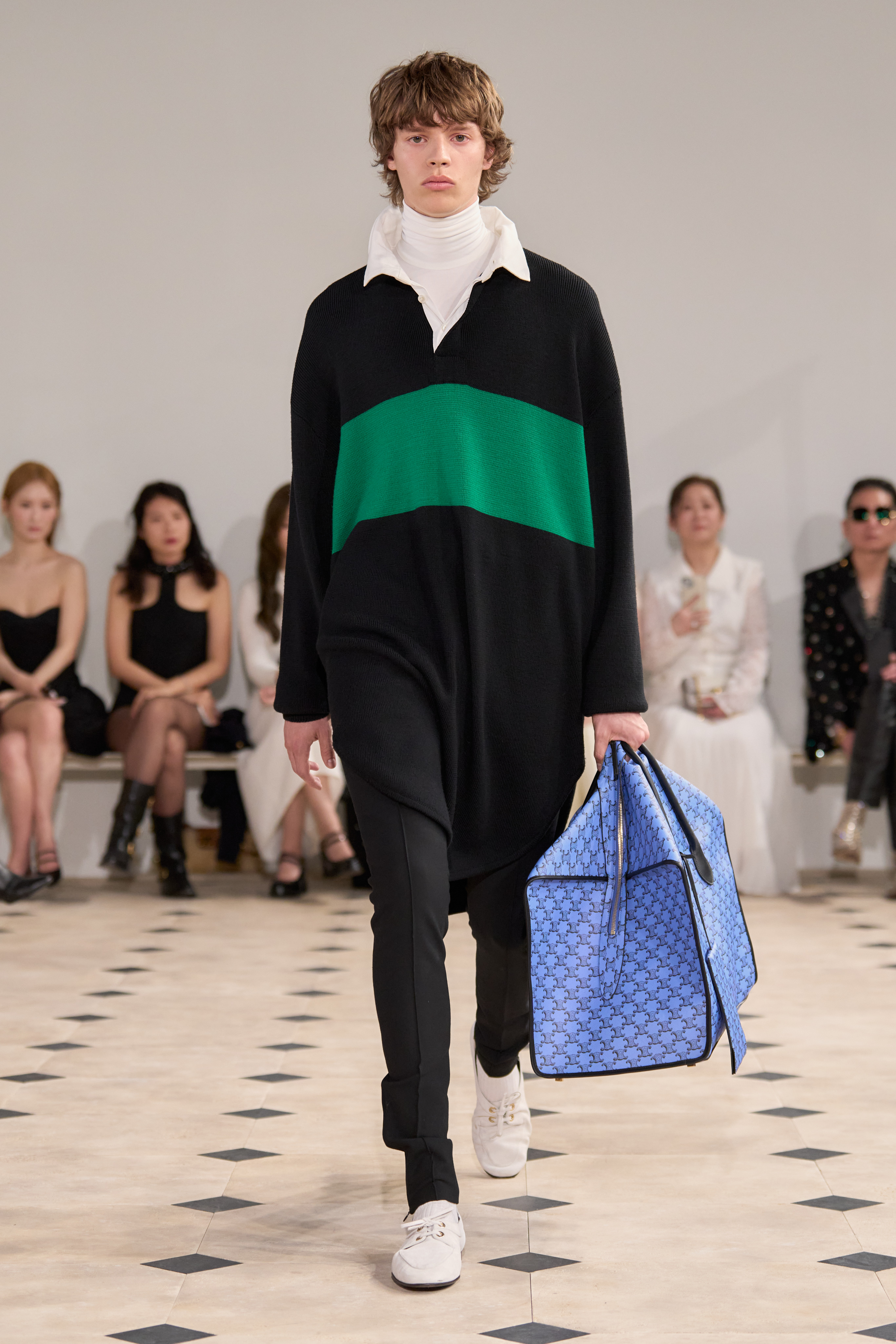 a model wears a celine rugby shirt on the Celine spring 2026 runway