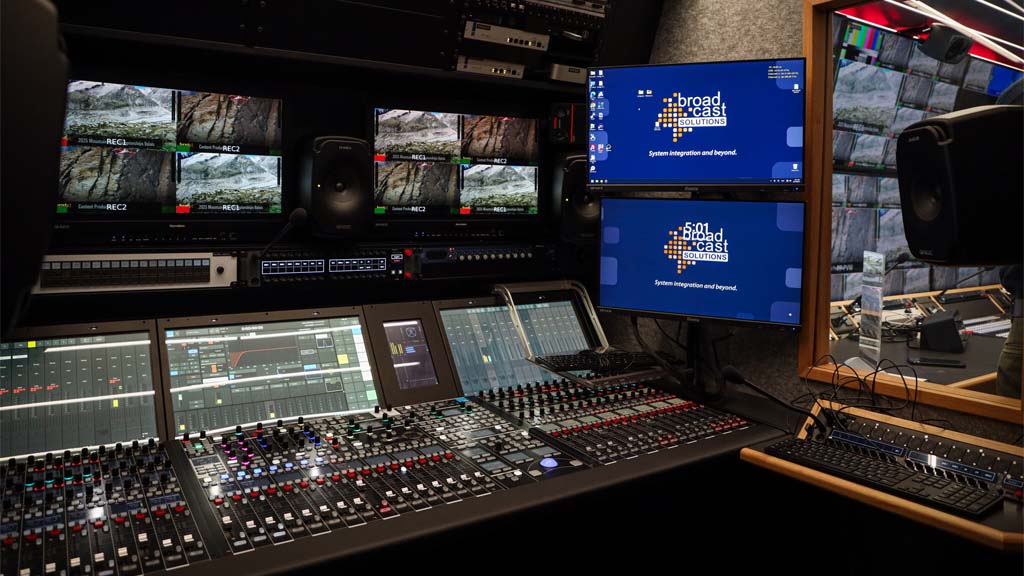 Lawo’s mc²56 MkIII production console inside the brutal güet OB truck.