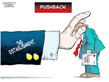 Political Cartoon U.S. Establishment politicians block President Trump agenda