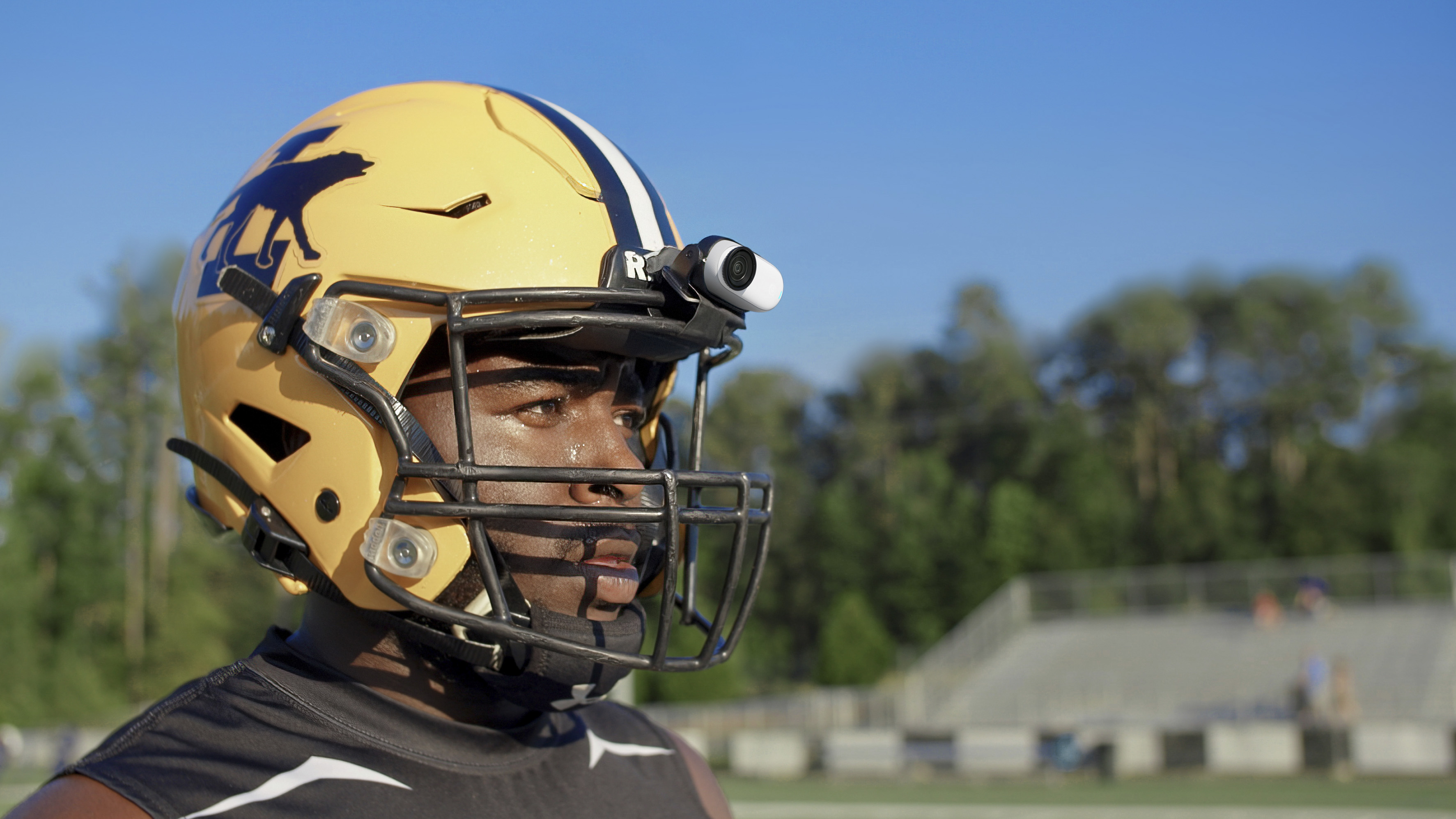 Insta360 Go 3S camera attached to the helmet of an football player