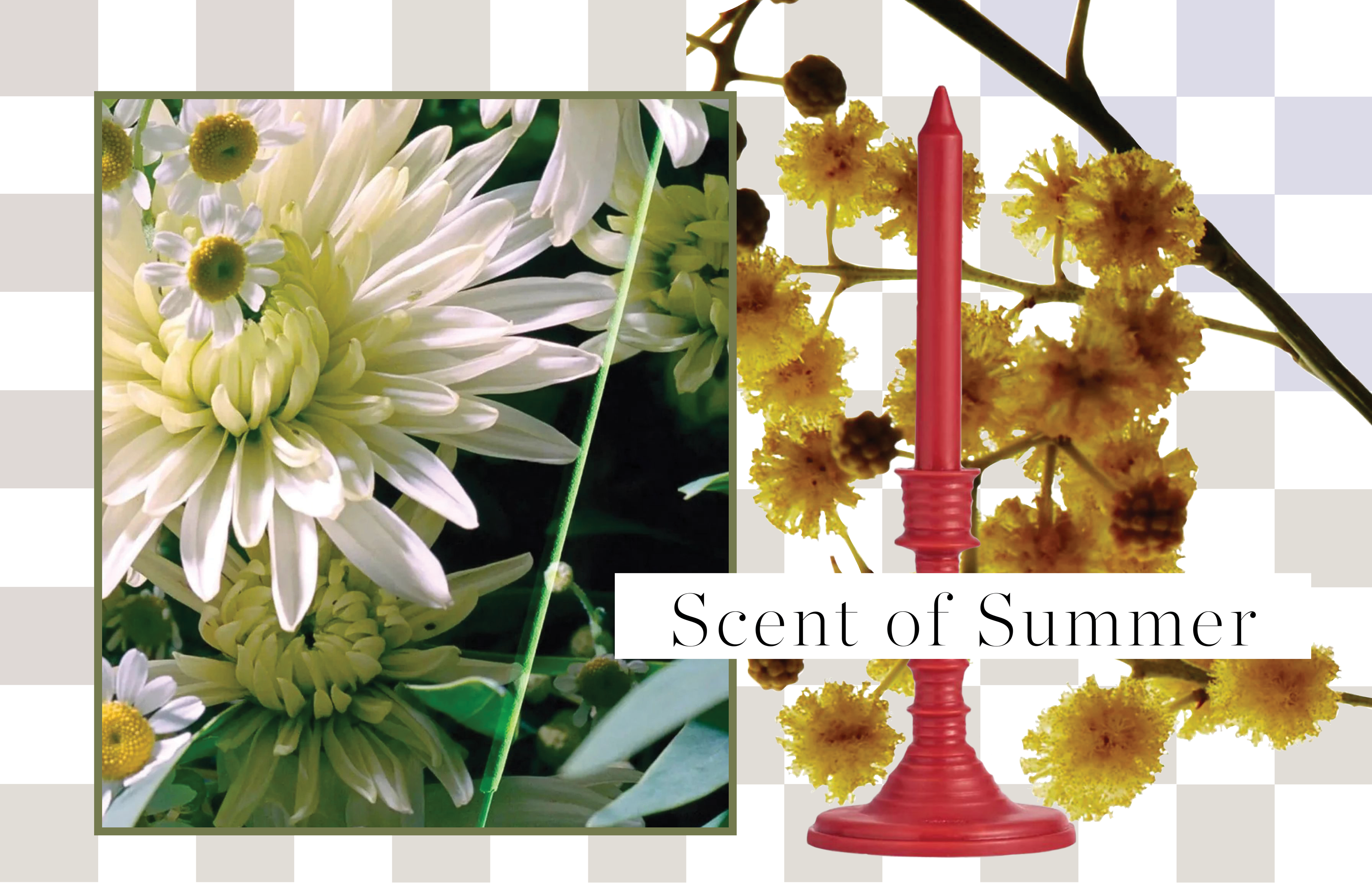 flowers on a backdrop with a red candle