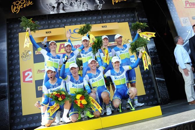Orica-GreenEdge celebrate their victory in the TTT