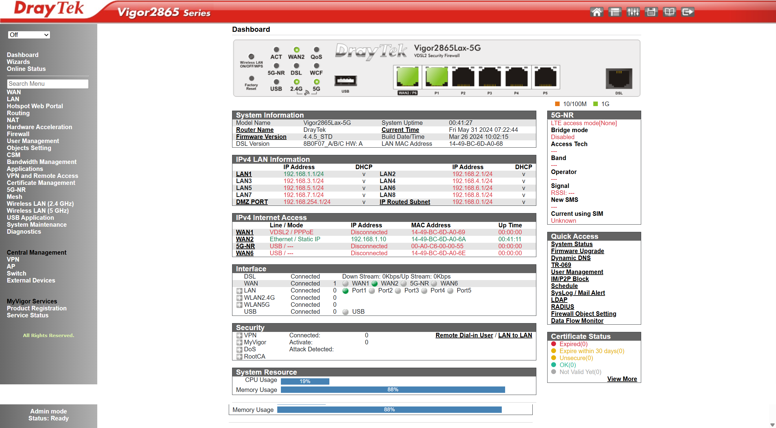 DrayTek Vigor2865Lax-5G interface dashboard