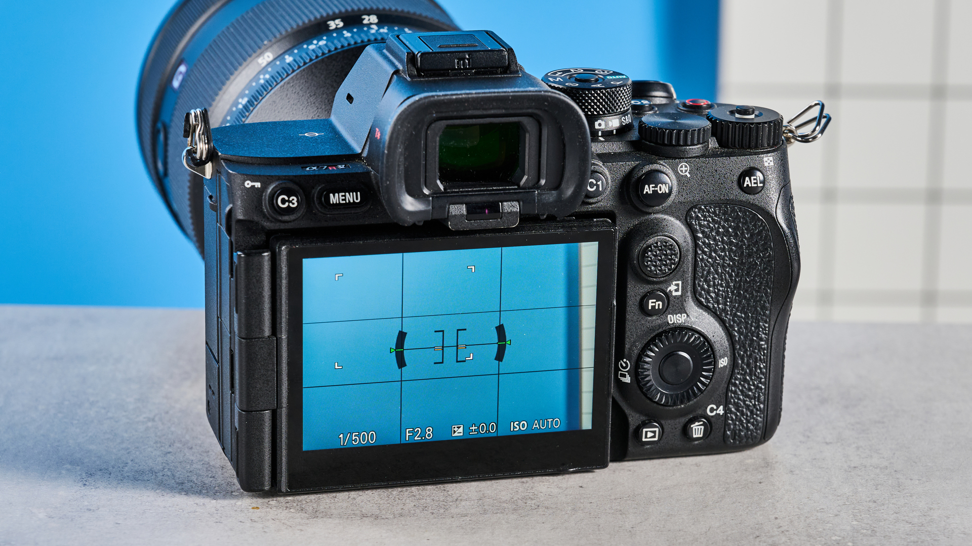 The Sony A7R V with its screen showing