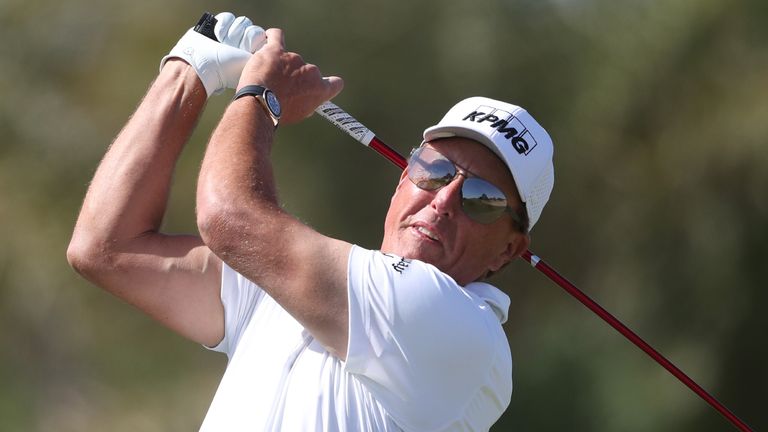 Phil Mickelson tees off at the second hole of the 2022 PIF Saudi International