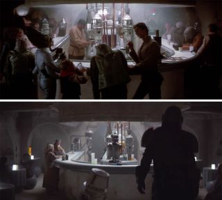 A Cantina scene from "A New Hope" (top) compared with a scene from Episode 5 of "The Mandalorian."