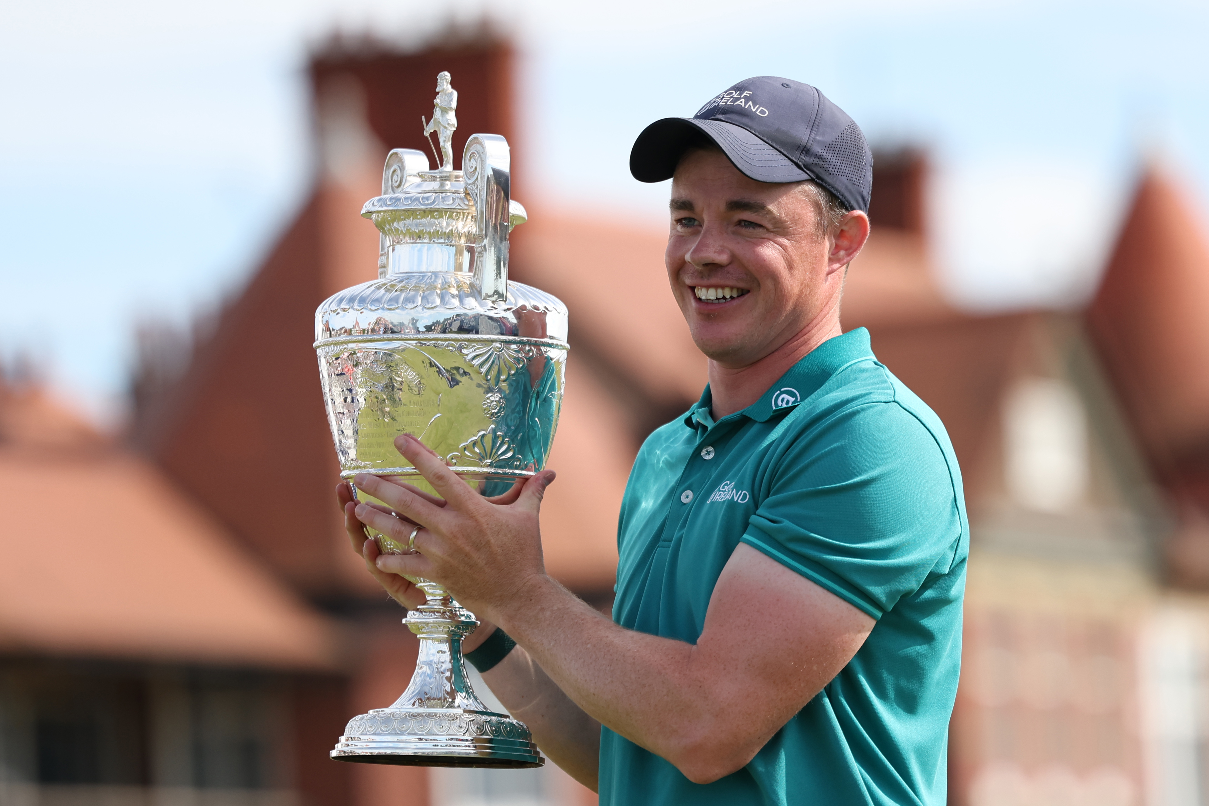 Stuart Grehan holds the trophy after his victory during the Final of the 2026 Amateur Championship.