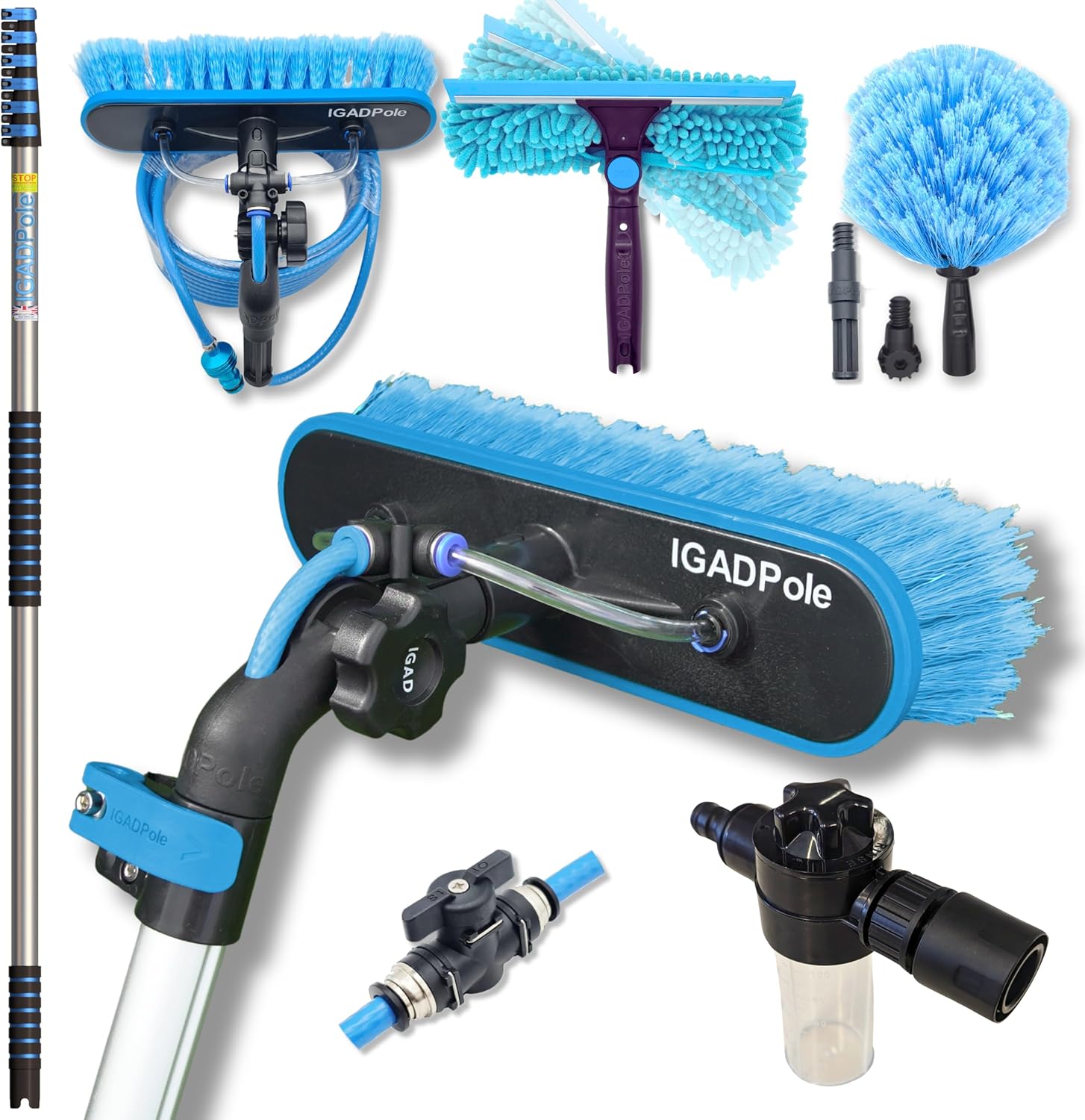26ft Igadpole Washing Kit: Water-Fed Brush, Cobweb Duster and 10&amp;rdquo; Squeegee and Soap Dispenser, With 5-Stage Telescoping Pole 5-20ft Pole