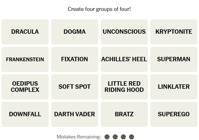 The New York Times Connections puzzle on December 23, 2025