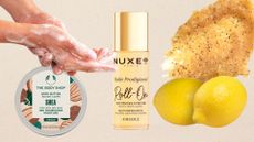 a beige backdrop with an image of a woman washing her hands, a body shop shea butter body butter, nuxe roll on huile prodigeuse, some brown grainy scrub and some lemons