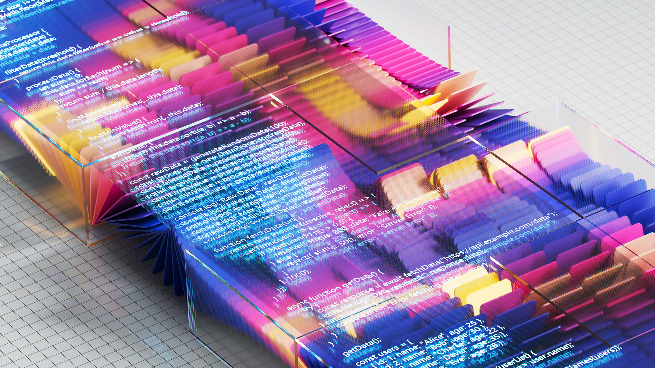 An abstract CGI render showing digital files and information hovering above an expansive, white grid representing AI search and knowledge.