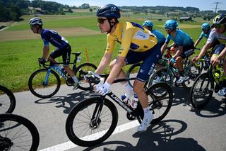 NOTTWIL SWITZERLAND JUNE 12 Stefan Kng of Switzerland and Team GroupamaFDJ Yellow leader jersey competes during the 86th Tour de Suisse 2023 Stage 2 a 1737km stage from Beromnster to Nottwil UCIWT on June 12 2023 in Nottwil Switzerland Photo by Dario BelingheriGetty Images