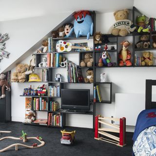 attic wall with tv and open shelve
