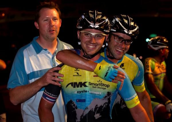 Luke Keough (Team Mountain Khakis-SmartStop) congratulated by Thomas Brown (R) &amp; Jamie Bennett