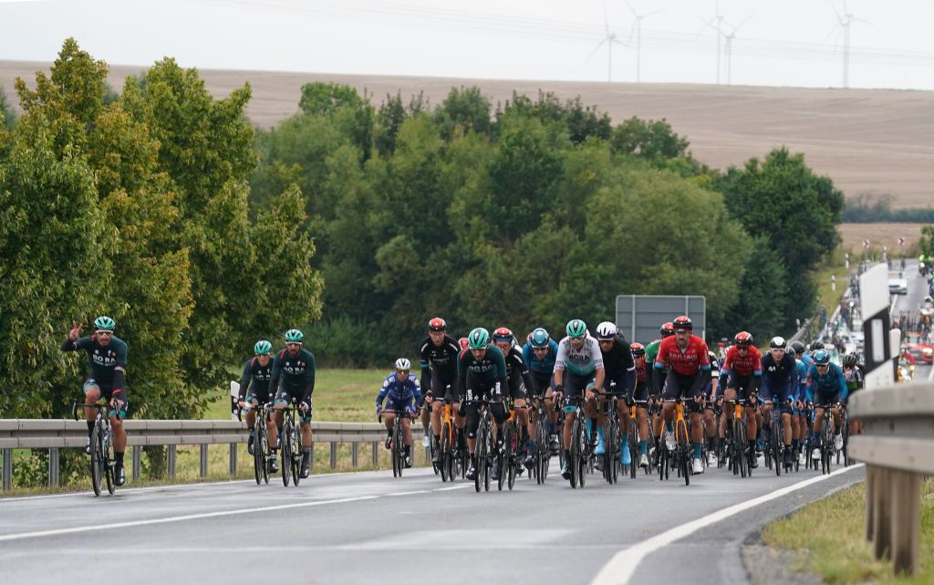 ILMENAU GERMANY AUGUST 27 A general view of the peloton compete during the 35th Deutschland Tour 2021 Stage 2 a 1806km stage from Sangerhausen to Ilmenau DeineTour on August 27 2021 in Ilmenau Germany Photo by Christian KasparBartkeGetty Images
