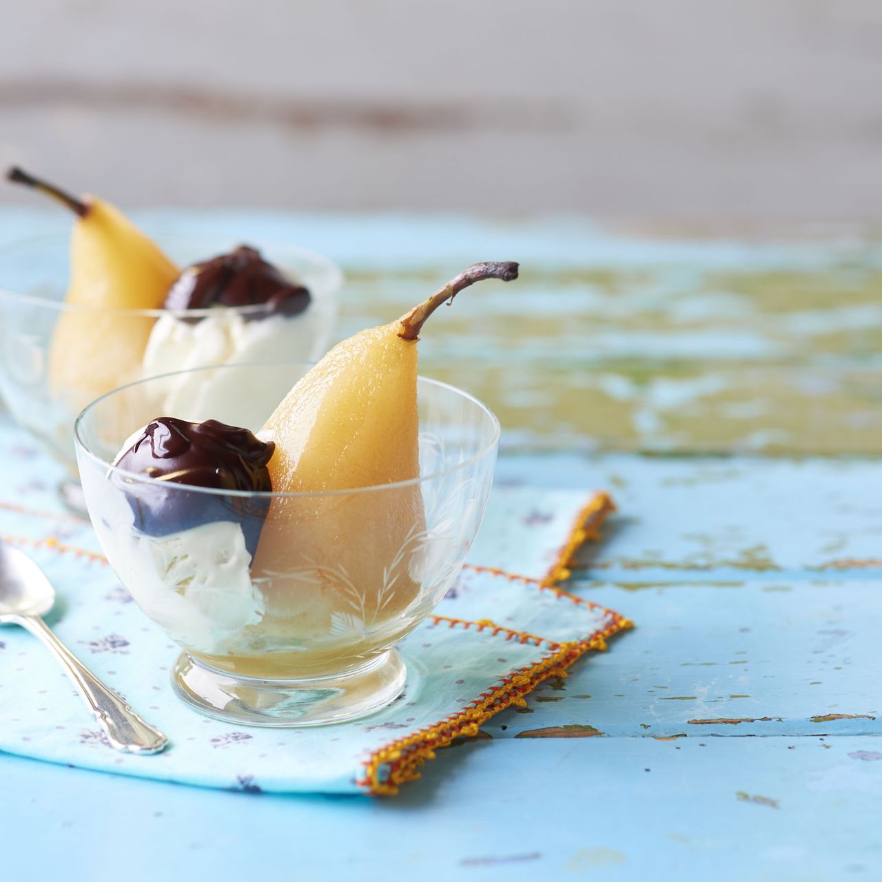 Poached Pears with Chocolate Sauce