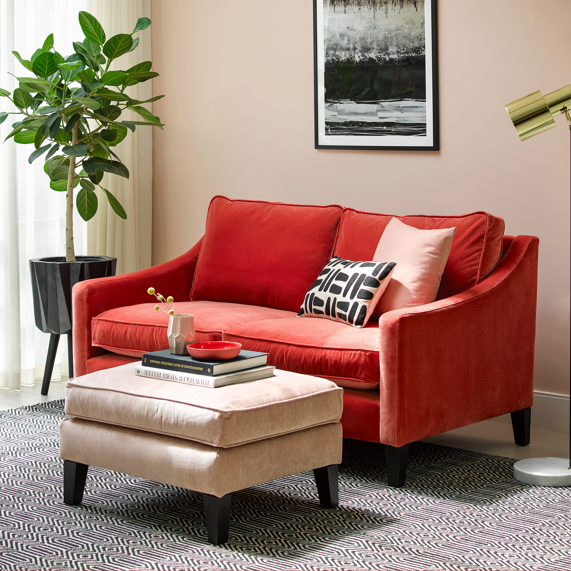 Red sofa in pink room with house plant