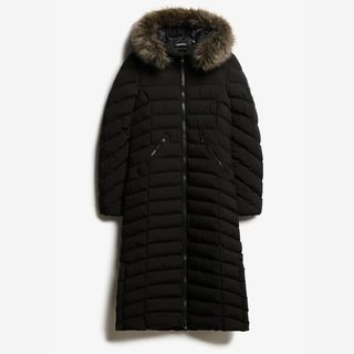 long black padded coat with fur-lined hood