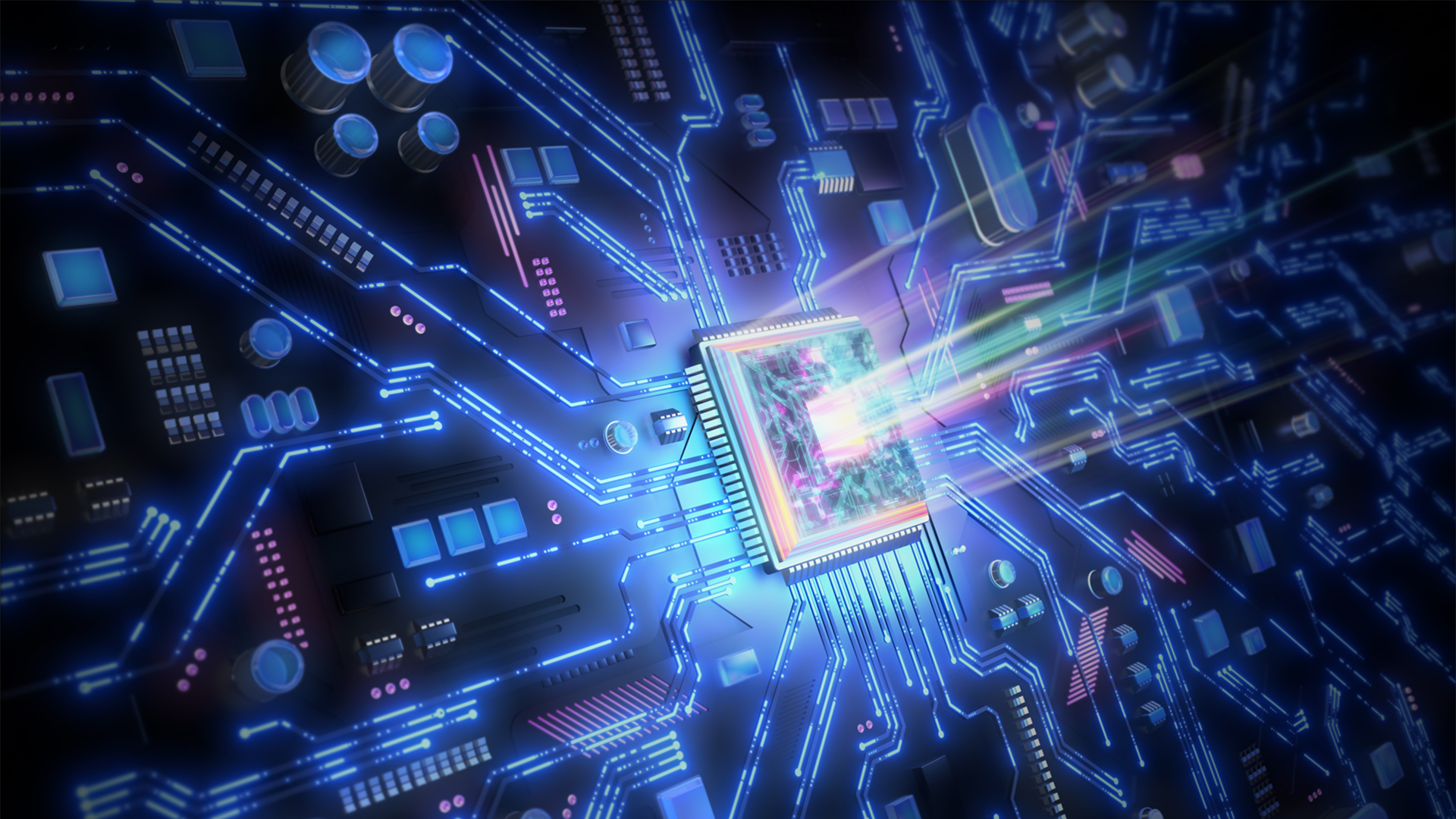 Quantum cybersecurity concept image showing a quantum chip with glowing lights connected to a digital interface and circuit board. 