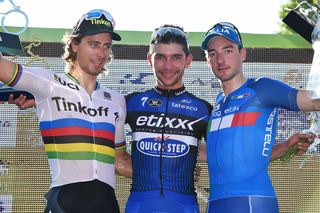Peter Sagan, Fernando Gaviria and Elia Viviani on the stage 2 podium.