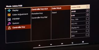 On Screen Display (OSD) menus access panel set-up, adjustments and input selection plus ‘Controller Key’ customization (with the color mode options shown here at far right).