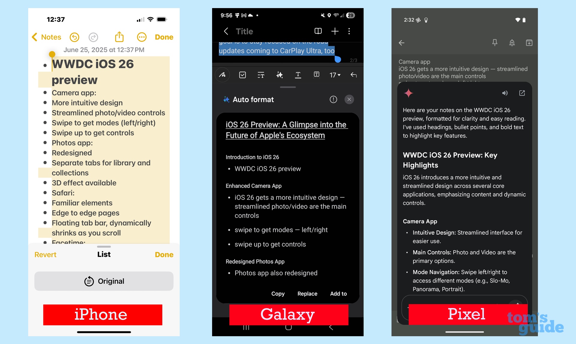 formatting notes with ai on iphone, pixel, galaxy phone