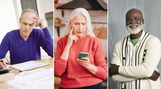 Three different types of retirees looking concerned, confused and confident.