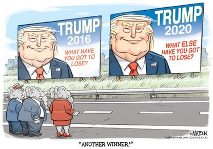 Political Cartoon U.S. Trump 2020 campaign slogan GOP