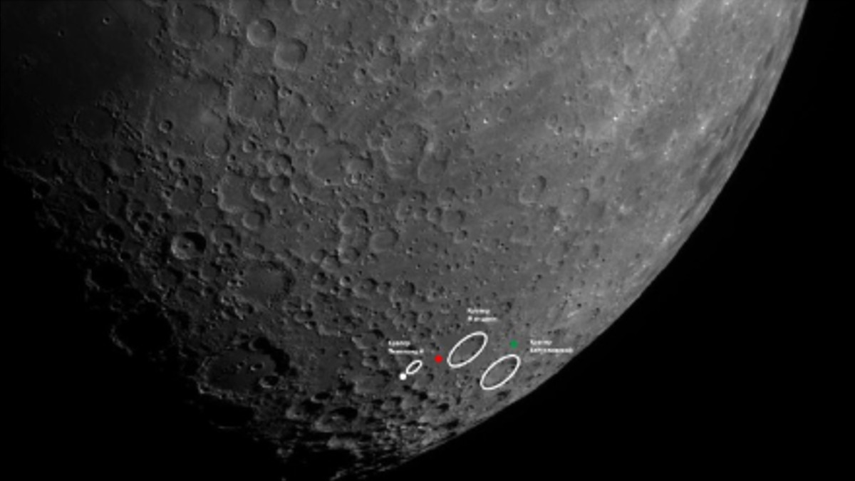 Vista del polo sud della Luna con tre siti di atterraggio cerchiati