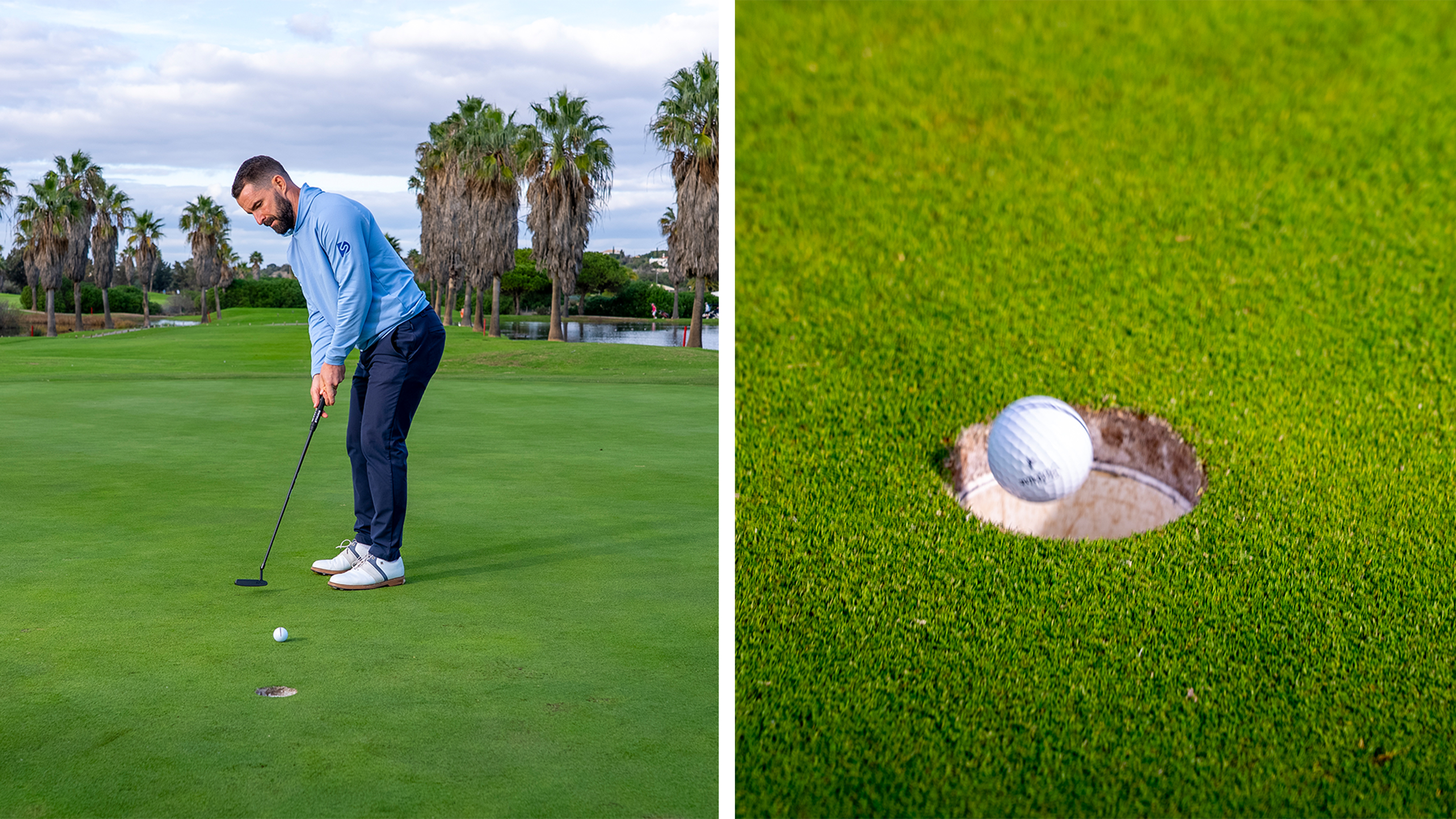 James Jankowski hitting a short putt on the green with the ball travelling towards the hole, with another image of the ball dropping into the hole