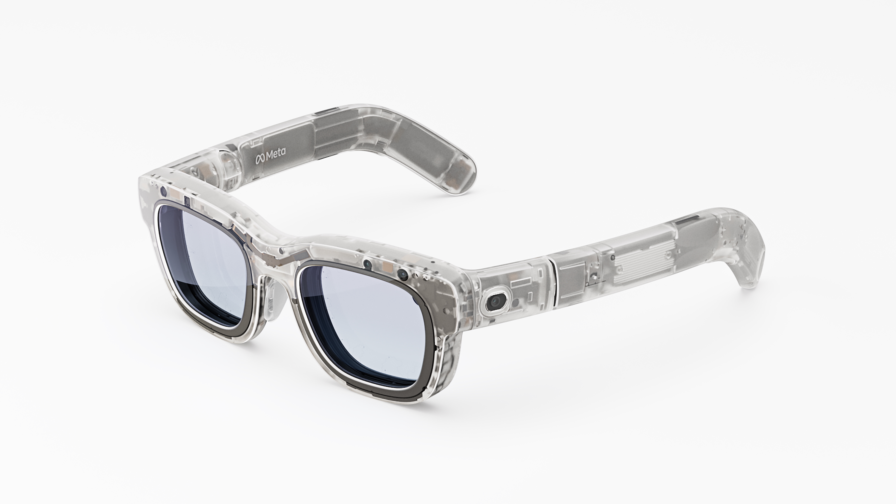 Concept art of the Meta Orion AR glasses in a white void at a diagonal-left angle facing you, with any covering removed so you can see the internal components