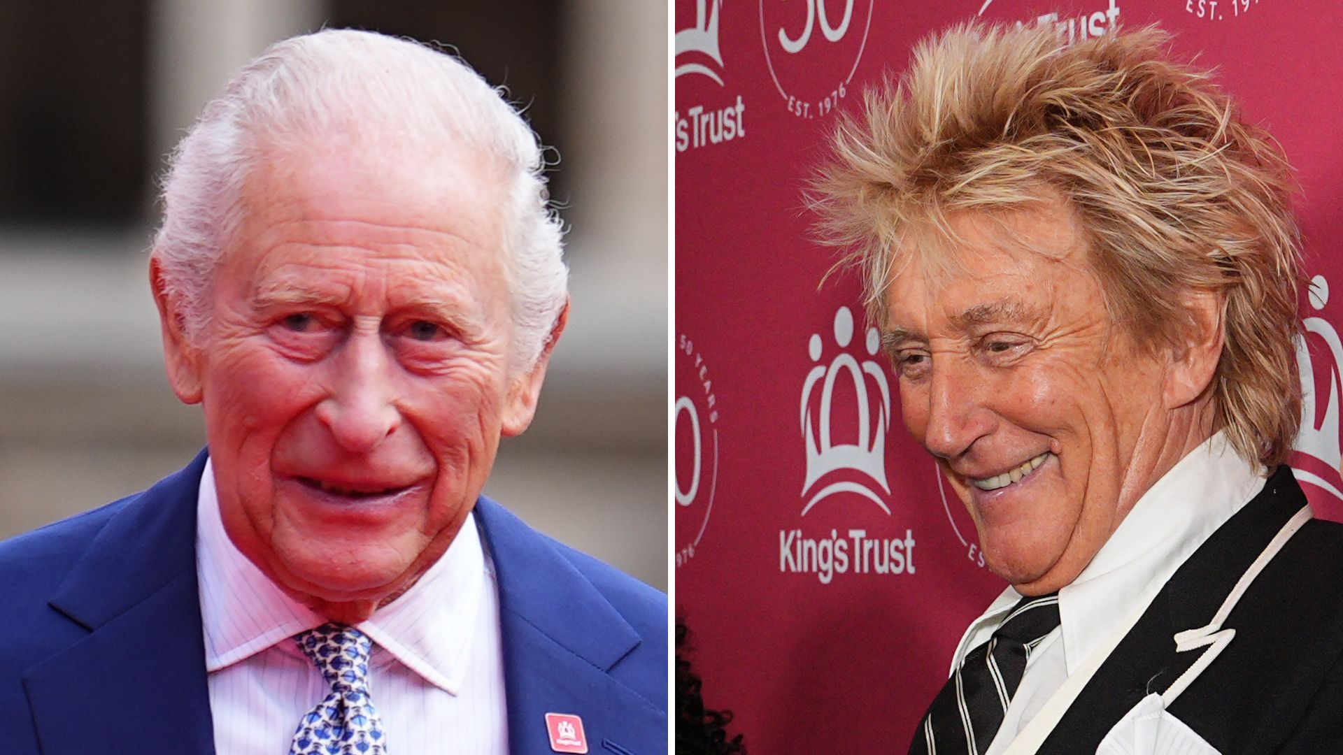 A composite of King Charles and Rod Stewart, both taken at the same event